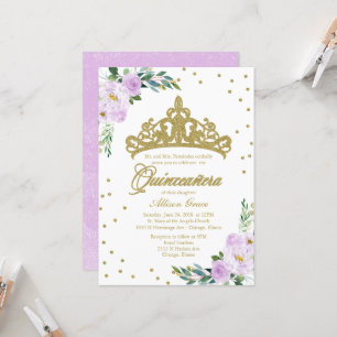 Quinceanera-Einladung Gold-Tiara Fliederblumen
