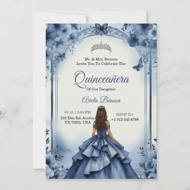 Quinceanera-Einladung mit einem Mädchen im blauen  Einladung (Vorderseite)