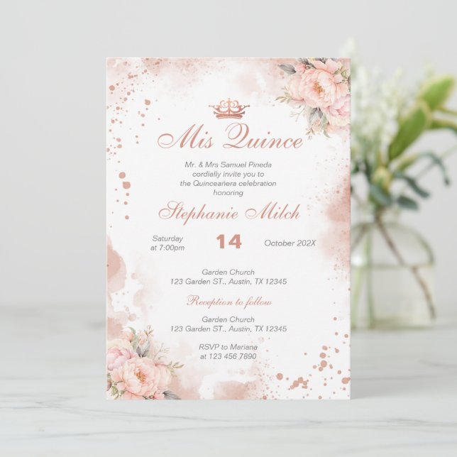 Quinceanera Einladung Rosa Blüte (Stehend Vorderseite)