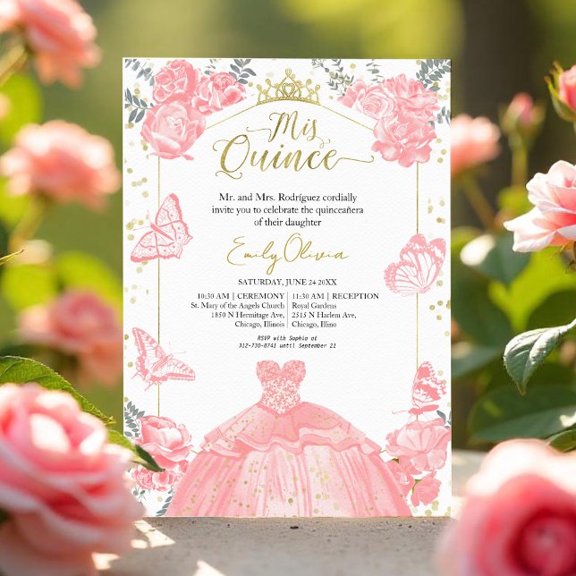 Quinceanera Einladung Rosa Kleid Floral Gold Foil (Von Creator hochgeladen)