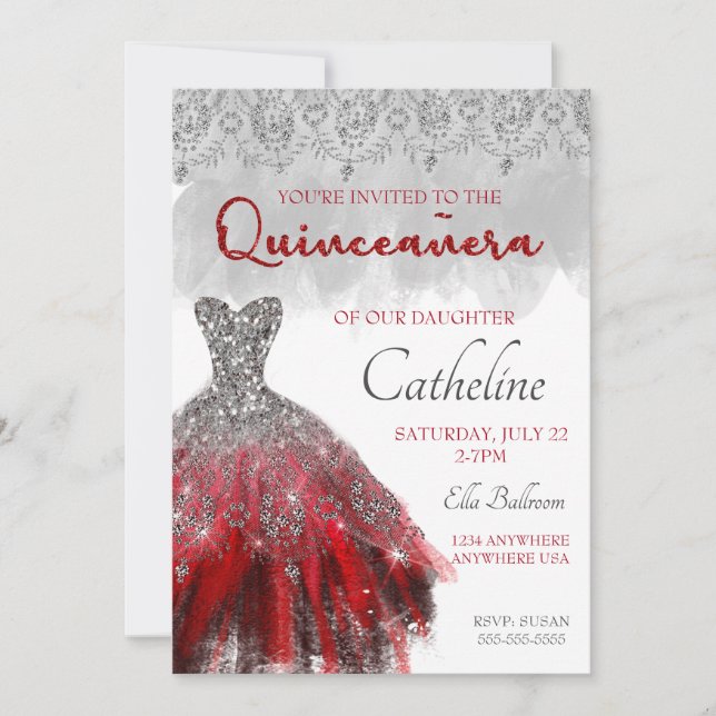 Quinceanera Einladung Rot Silber 15. Geburtstag (Vorderseite)