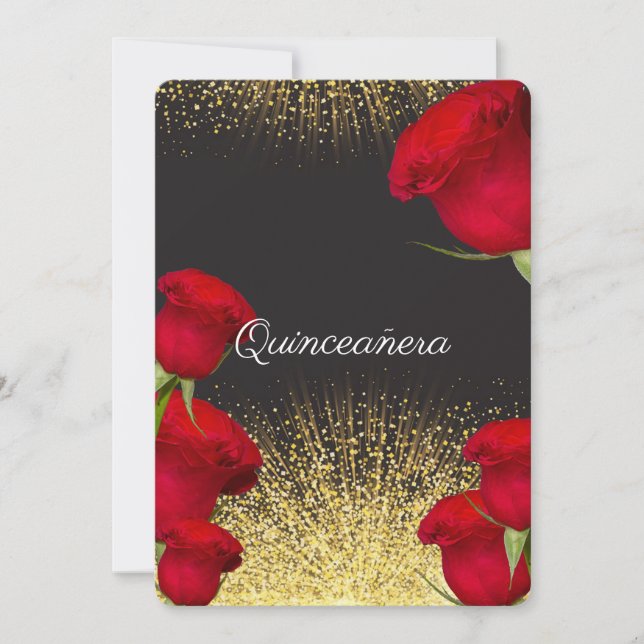 Quinceanera Einladung, Rote Rosen, Gold Glitzer Einladung (Vorderseite)