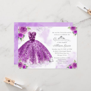Quinceanera-Einladung Silber Lila Blumeneleganz Einladung