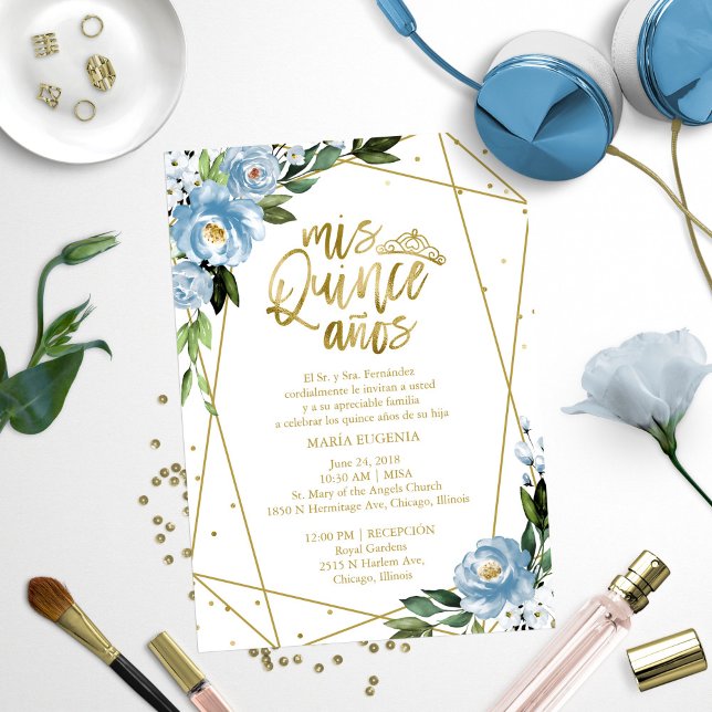 Quinceanera Einladung Spanisch Blue Gold Foil (Von Creator hochgeladen)