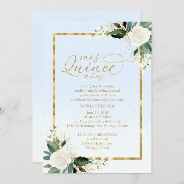 Quinceanera Einladung Spanisch Blue Gold Foil (Vorne/Hinten)
