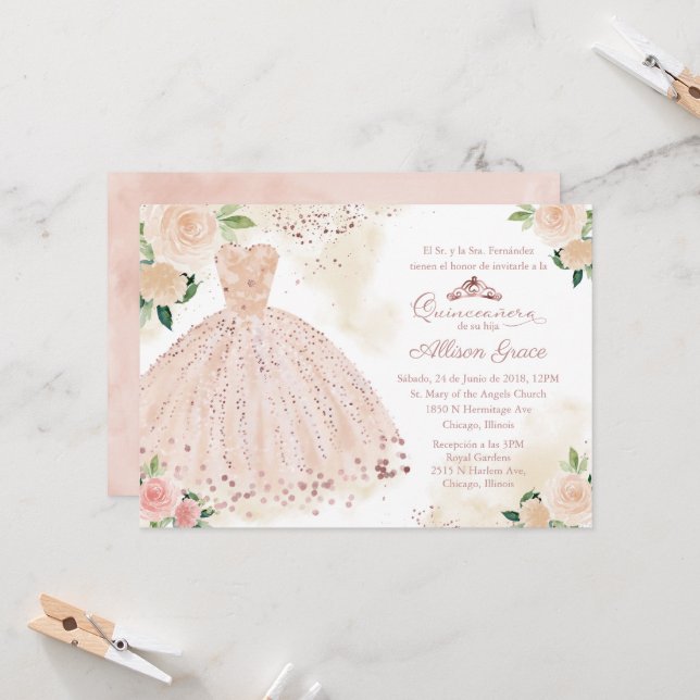 Quinceanera Einladung Spanisch Blush Rose Gold (Vorderseite/Rückseite Beispiel)
