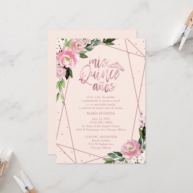 Quinceanera Einladung Spanisch Blush Rose Gold (Vorderseite/Rückseite Beispiel)
