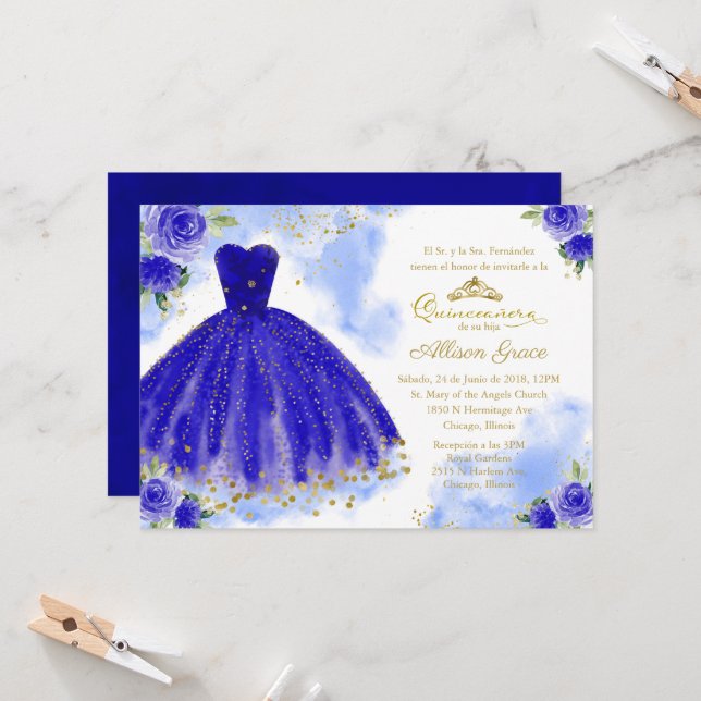 Quinceanera Einladung Spanisch Gold Royal Blue (Vorderseite/Rückseite Beispiel)