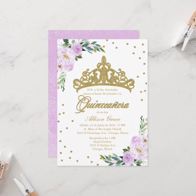 Quinceanera Einladung Spanisch Gold Tiara Lilac (Vorderseite/Rückseite Beispiel)