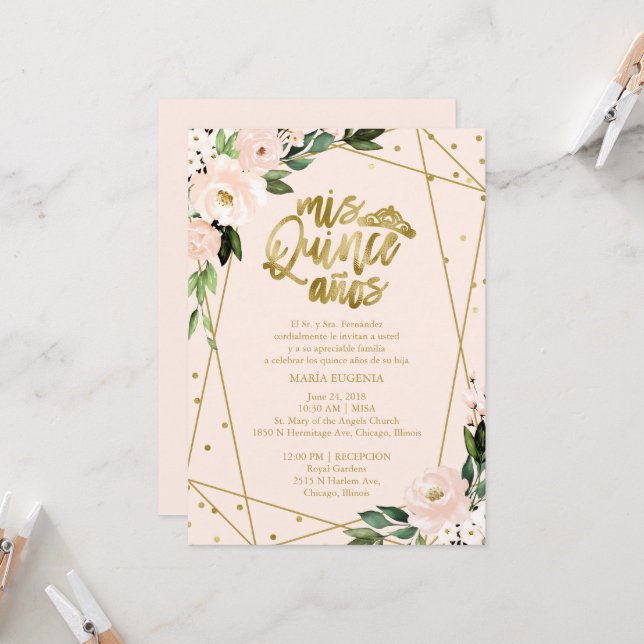Quinceanera Einladung Spanischer Blush Gold Foil (Vorderseite/Rückseite Beispiel)