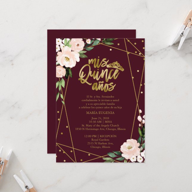 Quinceanera Einladung Spanischer Blush Gold Foil (Vorderseite/Rückseite Beispiel)