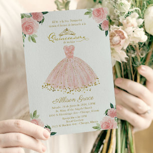 Quinceanera-Einladung Spanisches Rosafarbenes Klei Einladung