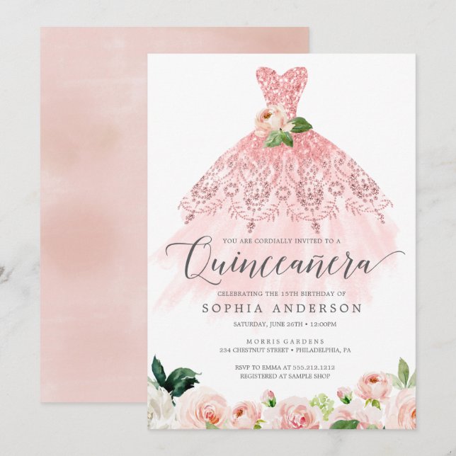 Quinceañera Elegant Blumenkleid 15. Geburtstag Inv Einladung (Vorne/Hinten)