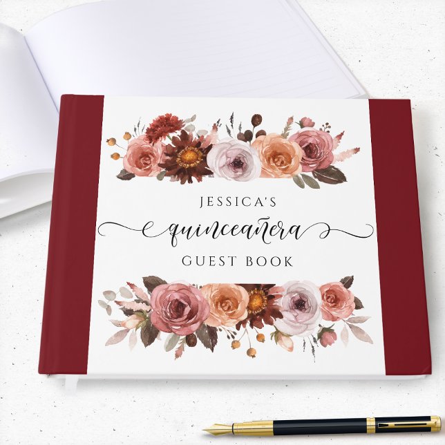 Quinceañera Elegant Burgund und Blush Floral Gästebuch (Von Creator hochgeladen)