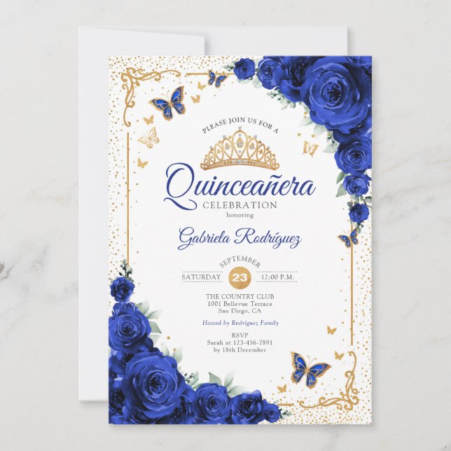  Quinceanera Elegant Chic Royal Blue Roses Gold Einladung (Vorderseite)
