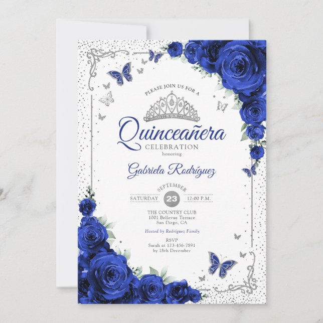  Quinceanera Elegant Chic Royal Blue Roses Silver Einladung (Vorderseite)