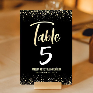 Quinceañera Elegant Schwarz Gold Schrift Glitter F Tischnummer