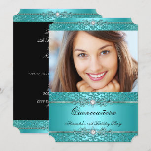 Quinceanera Elegant Türkis Blau Diamant Foto Einladung