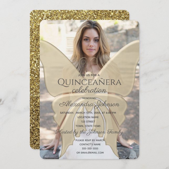 Quinceanera Elegante Butterfly Gold Glitzer Foto Einladung (Vorne/Hinten)