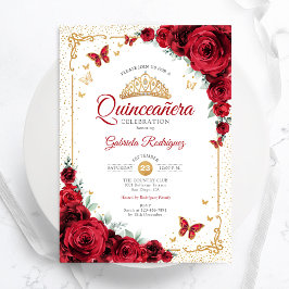 Quinceanera Elegante Chic Rote Rosen Gold Einladung