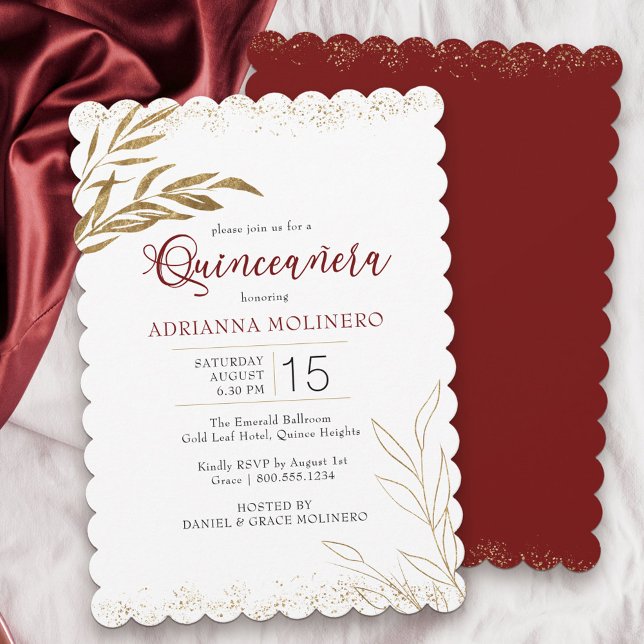 Quinceanera Elegante Rot und Gold Leaf Einladung (Modern Quinceanera invitation in white, red and gold from my Gold Leaf Collection)