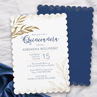 Quinceanera Elegante Royal Blue und Gold Leaf Einladung