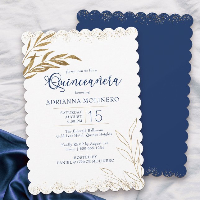 Quinceanera Elegante Royal Blue und Gold Leaf Einladung (Modern Quinceanera invitation in white, blue and gold from my Gold Leaf Collection
)