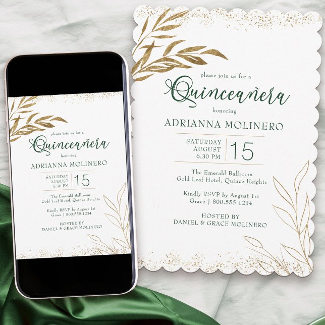Quinceanera Elegante Smaragdgrün und Gold Leaf Einladung (Modern Quinceanera invitation in white gold and emerald green from my Gold Leaf Collection)