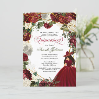 Quinceanera eleganter Charro Bordeaux weiße Blüte  Einladung