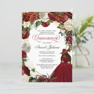 Quinceanera eleganter Charro Bordeaux weiße Blüte  Einladung
