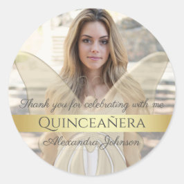 Quinceanera Elegantes Gold Butterfly Foto Runder Aufkleber