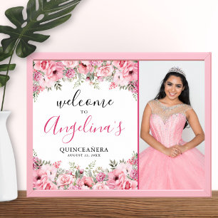 Quinceanera Elegantes Rosa Florales Foto Willkomme Poster
