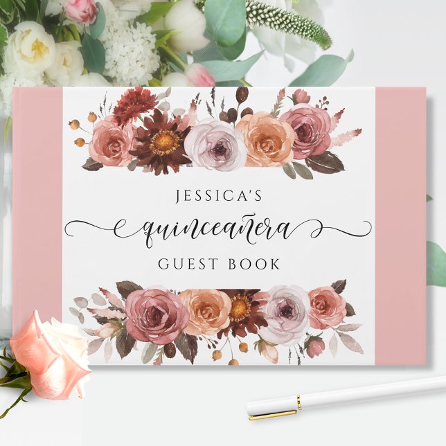 Quinceañera Elegantes Rosa und Burgund Blumen Gästebuch (Von Creator hochgeladen)