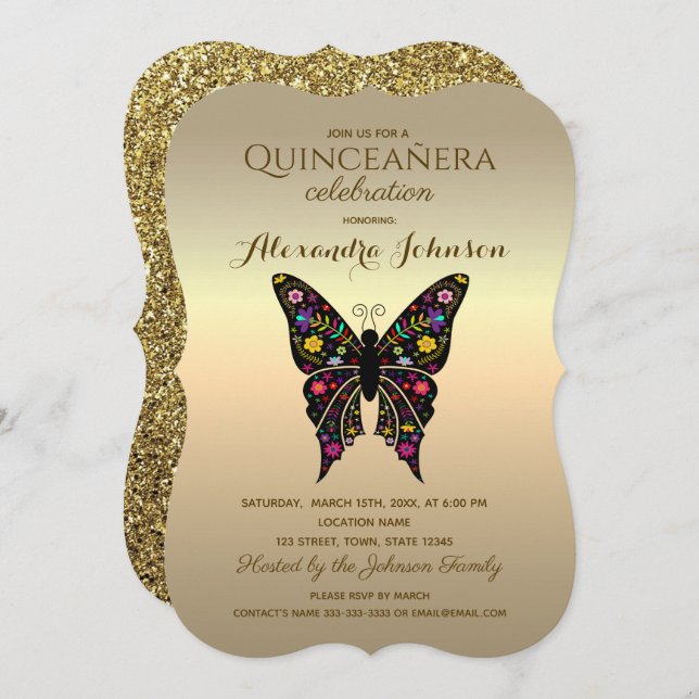Quinceanera Elegantes Schwarzes und Gold Einladung (Vorne/Hinten)