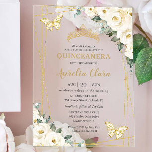 Quinceañera Elfenbein Weiße Florale Schmetterlinge Acryleinladungen