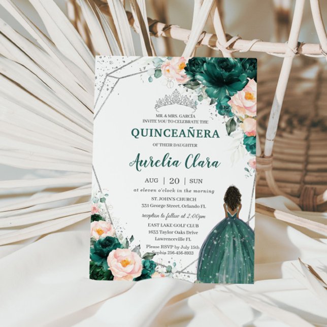 Quinceañera Emerald Blush Floral Brown Princess Einladung (Von Creator hochgeladen)