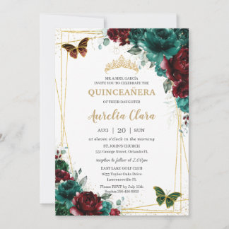 Quinceanera Emerald Burgundy Floral Butterfliegen Einladung