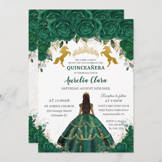 Quinceañera Emerald Floral Princess Gold Pferde Einladung (Vorne/Hinten)