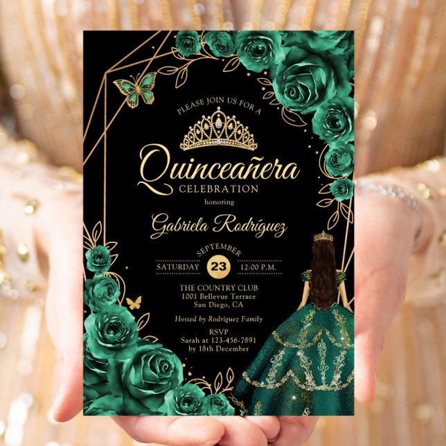 Quinceanera Emerald Gold Gold Dress Floral  Einladung (Von Creator hochgeladen)