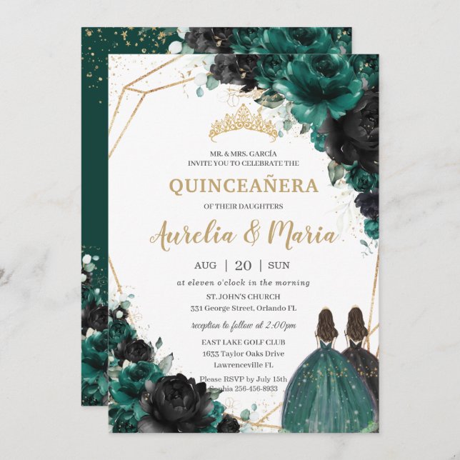 Quinceañera Emerald Green Black Floral Rose Twins Einladung (Vorne/Hinten)