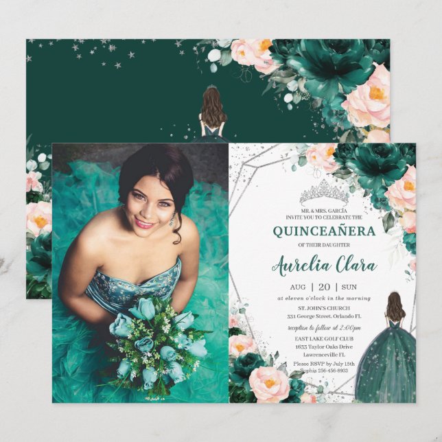 Quinceañera Emerald Green Blush Einladung (Vorne/Hinten)