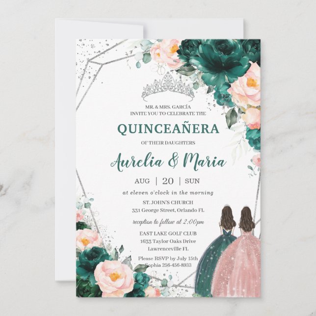 Quinceañera Emerald Green Blush Floral Twins Einladung (Vorderseite)
