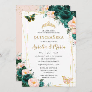 Quinceañera Emerald Green Blush Floral Twins Einladung