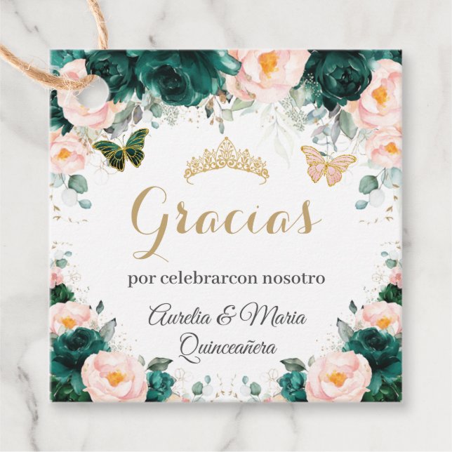 Quinceañera Emerald Green Blush Floral Twins Geschenkanhänger (Vorderseite)