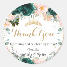 Quinceañera Emerald Green Blush Floral Twins Runder Aufkleber