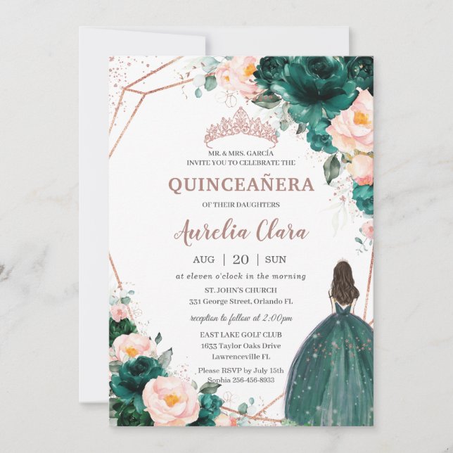 Quinceañera Emerald Green Blush Rose Gold Einladung (Vorderseite)
