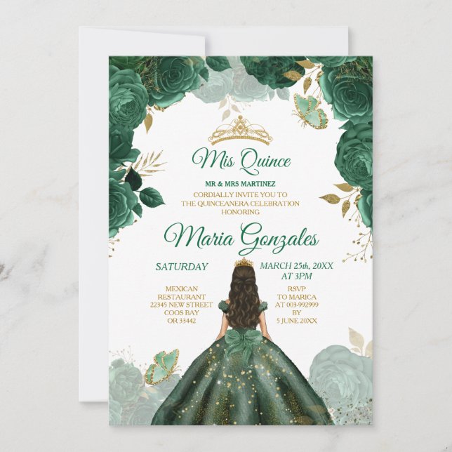Quinceañera Emerald Green Butterfly Gold Crown Einladung (Vorderseite)