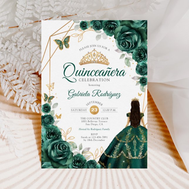Quinceanera Emerald Green Dress Gold Einladung (Von Creator hochgeladen)