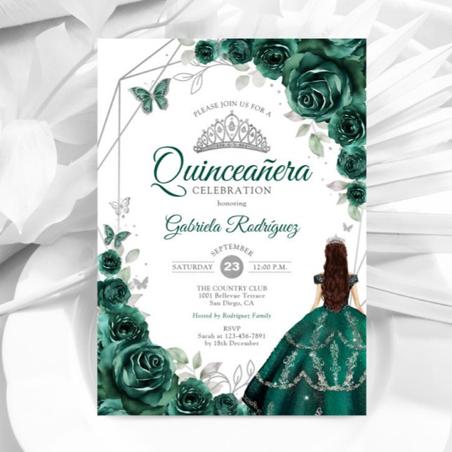 Quinceanera Emerald Green Dress Silver Einladung (Von Creator hochgeladen)