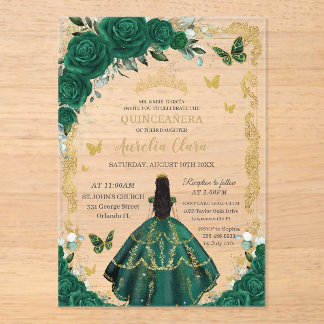Quinceañera Emerald Green Floral Black Hair Gold Acryleinladungen